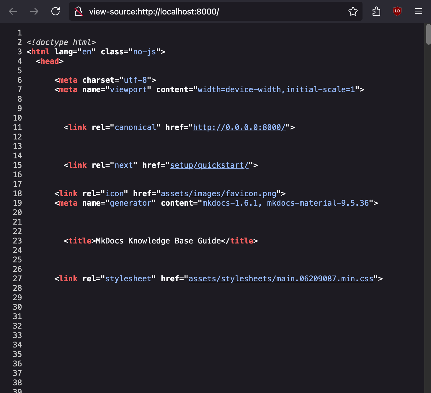 MkDocs normal page source code snippet